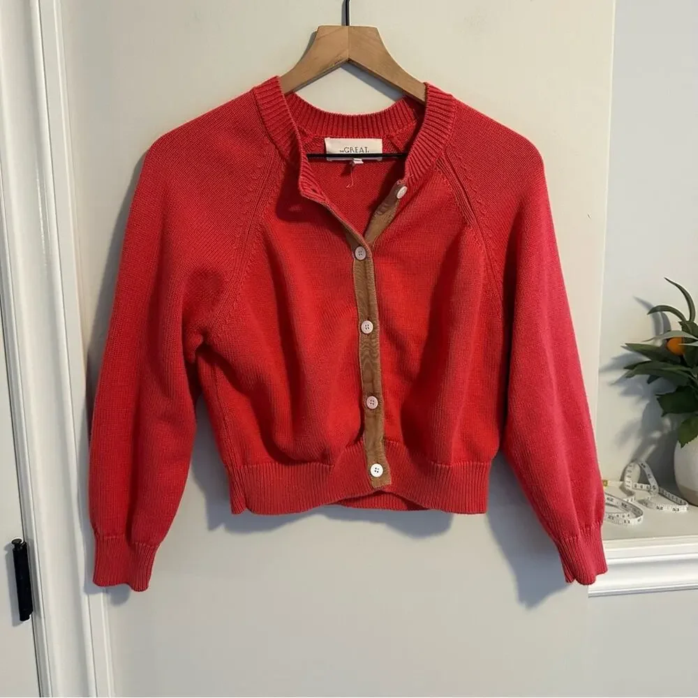 THE GREAT. Pink Tan Cotton Tiny Cardigan Sweater 1 Small - Picture 12 of 13